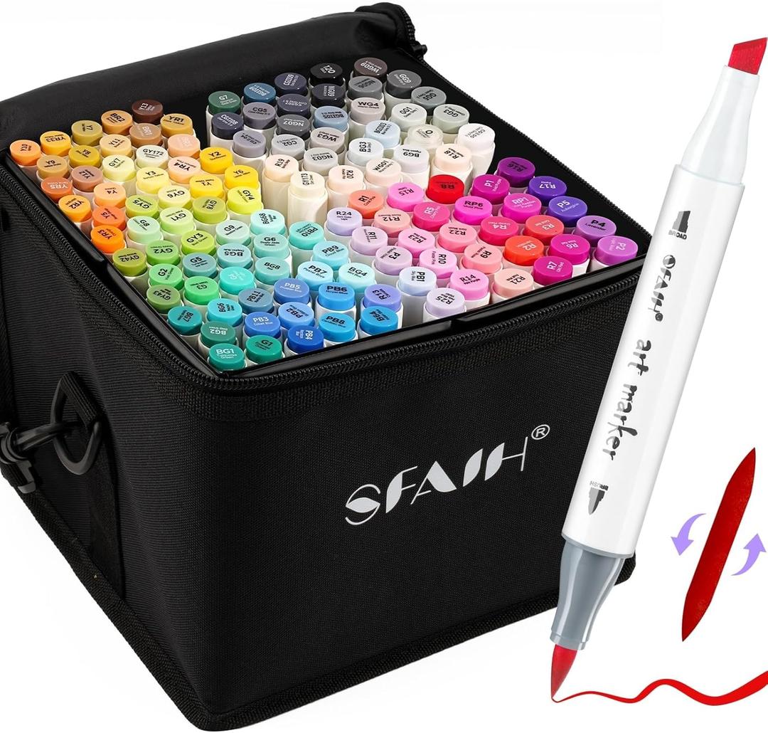 SFAIH Alcohol Markers Brush & Chisel - 121 Colors Double Tipped Art Markers for Adult Coloring Illustration, Gifts for Artist Adult - Adjustable Shoulder Strap & Faux Leather Lining & Outer Zip Pocket