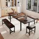 Einhomn 5 Pieces Dining Room Table Set for 4-6, 63' Extendable Kitchen Table Set with 2 Benches & 2 Stools, Small Dining Table Set with Metal Frame & MDF Board, Espresso, 63" L x 30" W x 28" H
