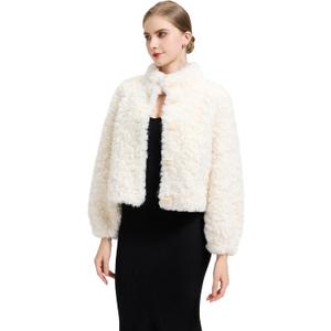 GRAN ORIENTE Women Burgundy Shaggy Cropped Jacket Coats,2025 Winter Fluffy Faux Fur Warm Long Sleeve Outerwear