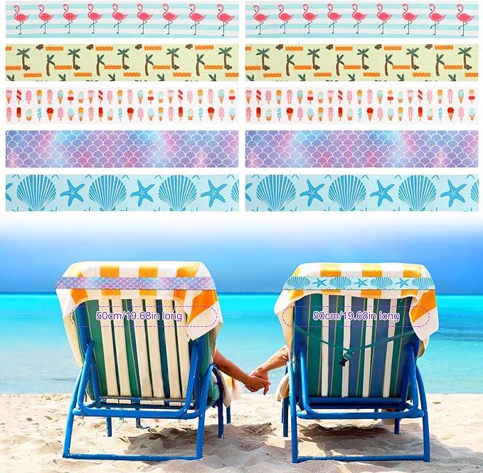 XIHIRCD 10pcs Towel Bands for Beach Chairs, Elastic Beach Towel Holder Straps Windproof Stretchable Towel Chair Clips for Cruise Lounge Chairs Beach Summer Pool Vacation Essentials (5 Styles)