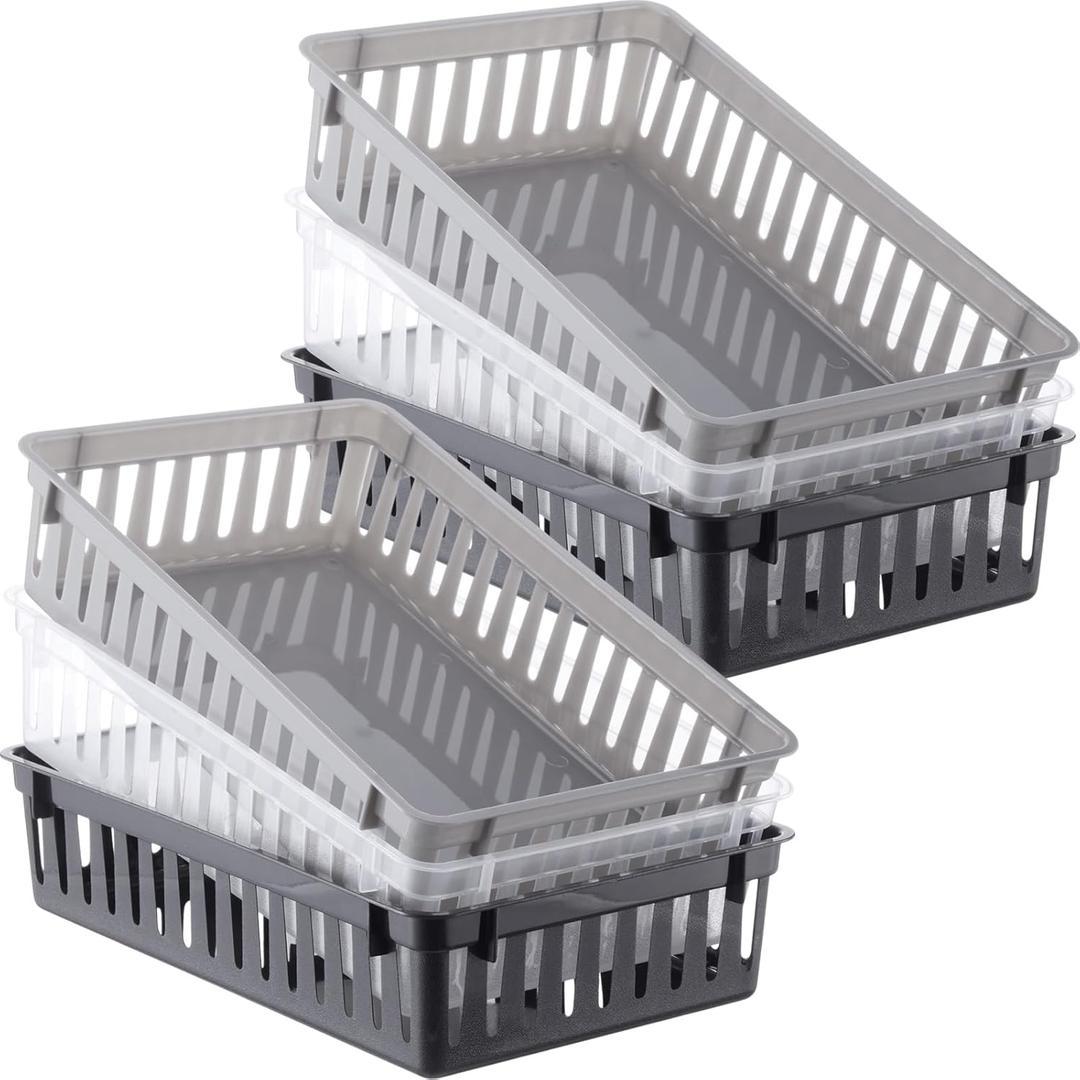 Wenqik 6 Pack Plastic Basket 10.24 x 6.5 x 2.36 Inch Small Storage Bins Rectangle Plastic Organizer Tray Classroom Containers for Organizing Shelves Desks Snack Cosmetics Crafts (Black, Clear, Gray)