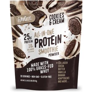FlavCity All-in-One Protein Smoothie Powder, Cookies & Cream, 20 Servings 20g Protein, 10g Collagen, Functional Mushrooms, 100% Grass-Fed Whey, Supports Focus, Skin, Hair, and Joints, BBD 05/28/2028
