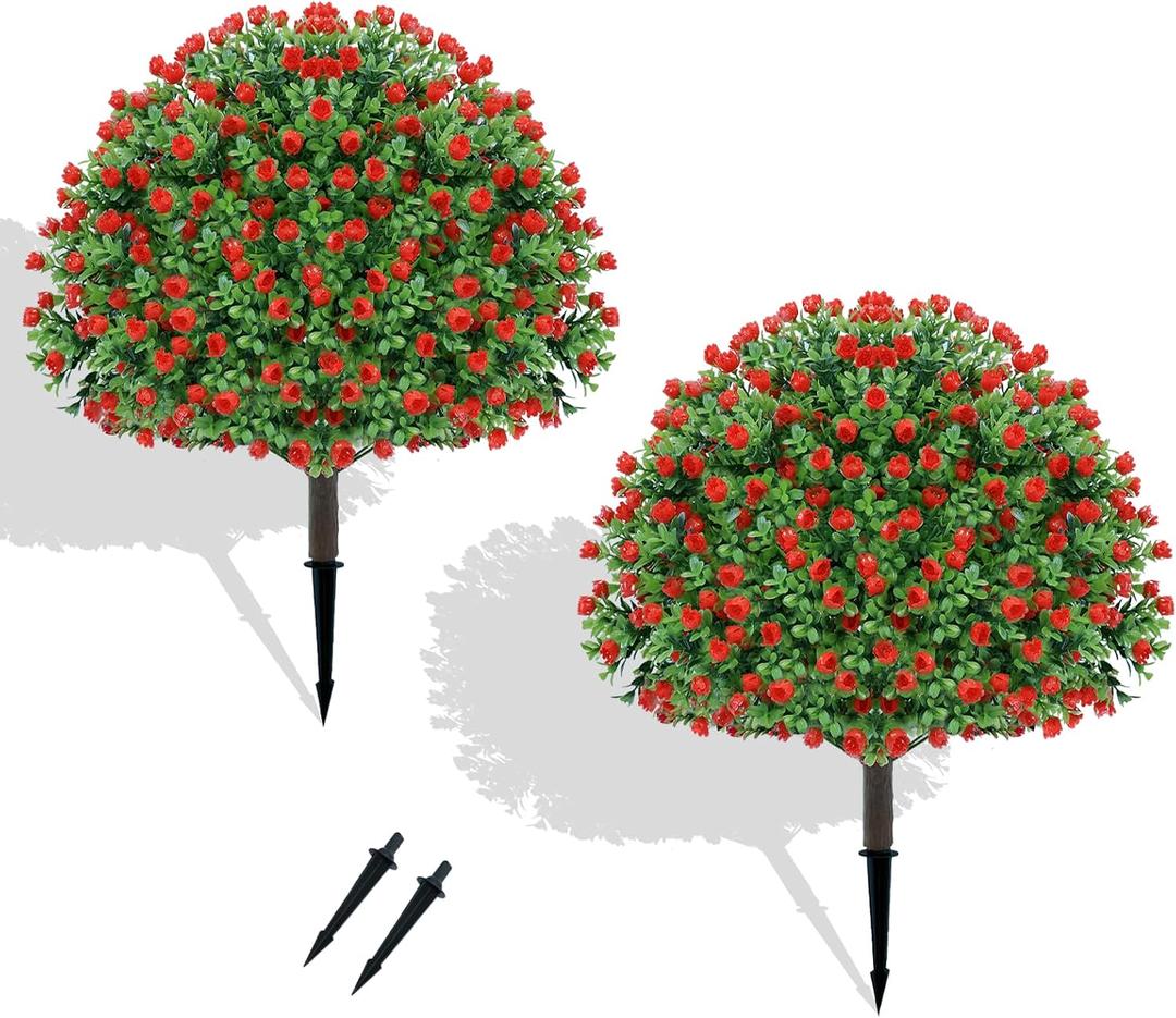 24 Artificial Boxwood Topiary Ball Tree with Rose - Set of 2 Artificial Shrub Bushes with Ground Spike, Keep Evergreen, Fake Plants for Garden Porch Countyard Patio Valentine's Day Decor