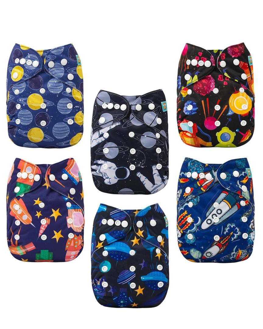 ALVABABY Baby Cloth Diaper 6 Pack with 12 Inserts One Size Cloth Diaper Covers Adjustable Washable Reusable for Baby Girls and Boys (Planet 50)