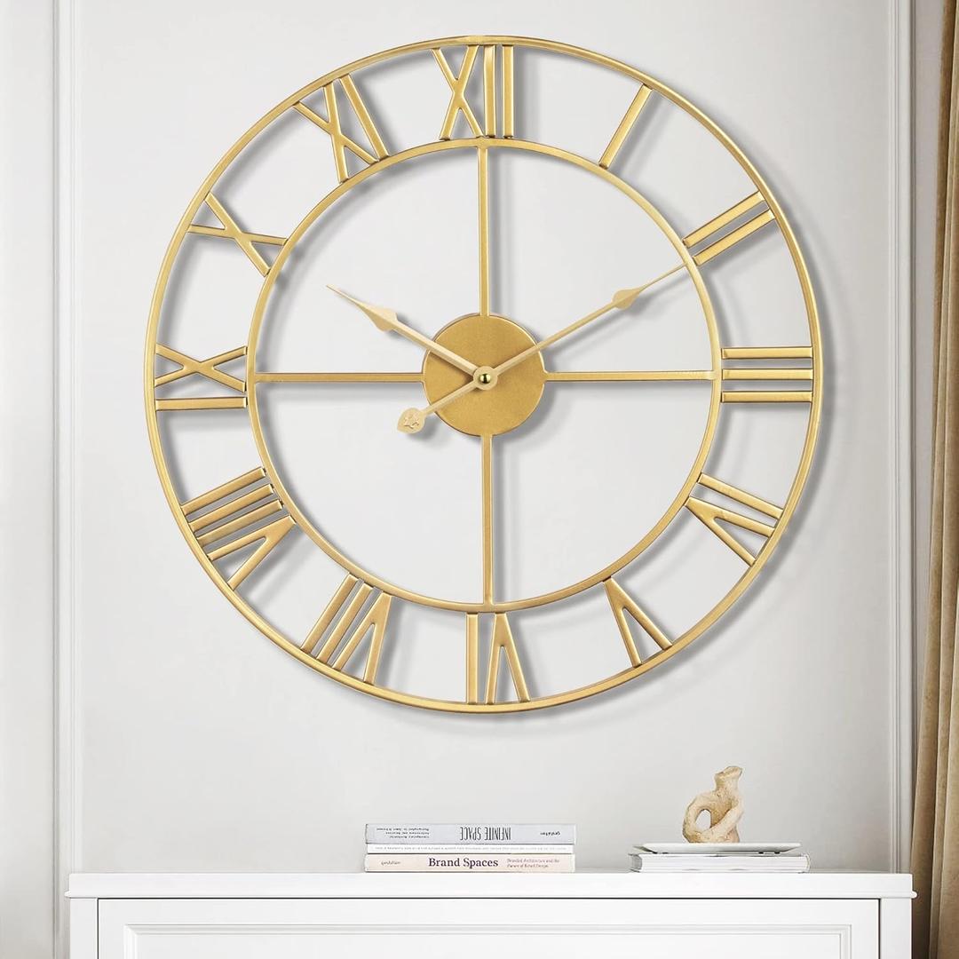 1st owned Large Wall Clock for Living Room Decor Silent Non-Ticking Decorative Wall Clock Roman Numerals Vintage Battery Operated for Kitchen Farmhouse Cafe Office Decor (Gold, 32 Inches)