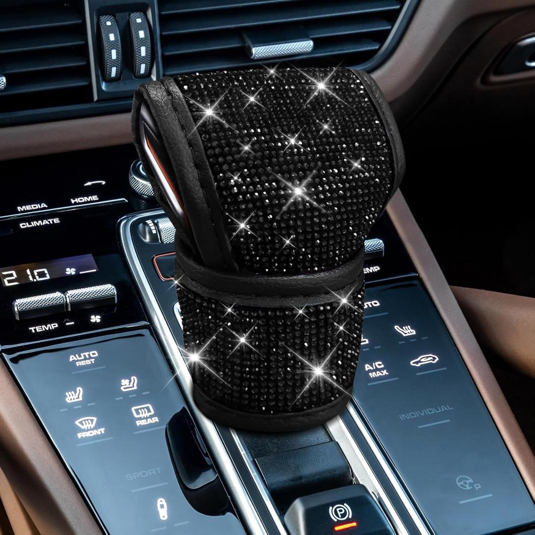 Crystal Auto Gear Shift Cover Bling Car Accessories, Shift Knob Cover, Leather Car Knob Gear Stick Protector with Rhinestones, Auto Diamond Shifter Lever Protector for Most Vehicles (Black)