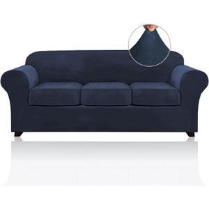 PrinceDeco Velvet Couch Covers for Sofa Soft 4 Pieces Couch Covers for 3 Cushion Couch Sofa Pet Friendly Furniture Protector with Non Slip Elastic Bottom Width Up to 90 Inch (Large, Navy)