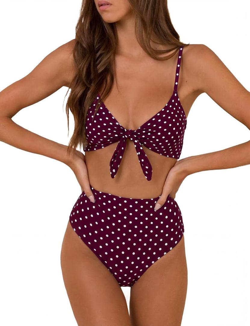 Blooming Jelly Womens High Waisted Bikini Set Polka Dot Swim Suits 2026 Tie Knot Bathing Suit (Large, Purple)
