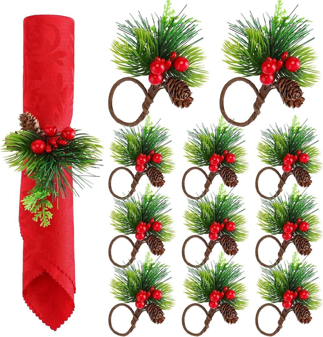 12 Pieces Christmas Napkin Rings Napkin Holder with Pine Cone Pine Needle Red Berries Live-like Handmade Napkin Ring Holder Xmas Serviette Buckle Holder for Christmas Wedding Party Banquet Table Decor