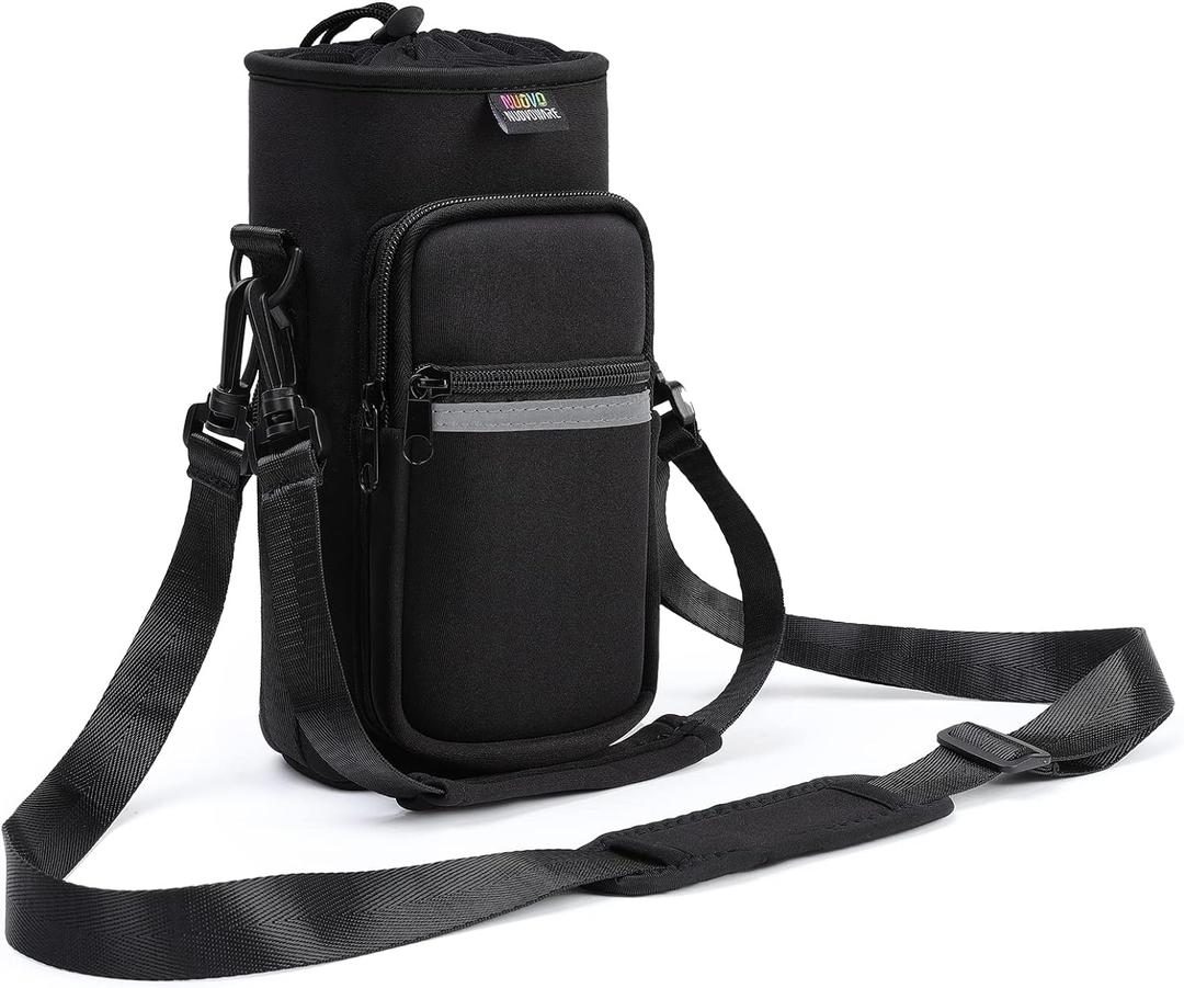 Nuovoware Water Bottle Carrier Bag,25oz/40oz/64oz Bottle Pouch Holder,Adjustable Shoulder Hand Strap 2 Pocket Sling Neoprene Sleeve Sports Accessories for Hiking Travelling Camping (X-Large, Carbon Black)