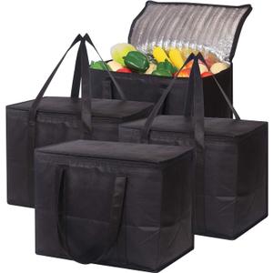 Set of 4 Large Insulated Reusable Grocery Bags with Sturdy Zipper and Handles, Foldable Washable Heavy Duty Cooler Totes for Hot or Cold Food Delivery, Groceries, Travel, Shopping