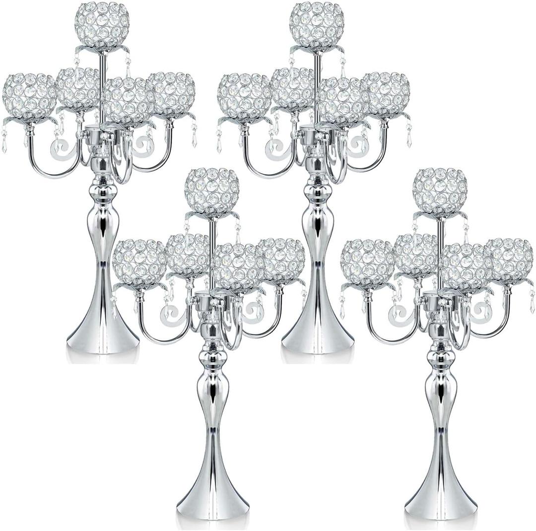 Set of 4 Candlesticks 5 Arm Crystal Strap Pendant Silver Table Decor Candelabra, 22.5 inches Elegant Dining Room Centerpieces for Holiday Parties Weddings (4, Silver)