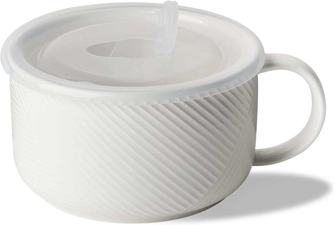 Oversized Soup Bowl with Handle: 38 oz Ceramic Soup Mug with Lid - Microwave Safe Jumbo Food Storage Container for Ramen Cereal Breakfast Meal Prep Office Lunch Dorm Living - White 6 Inch