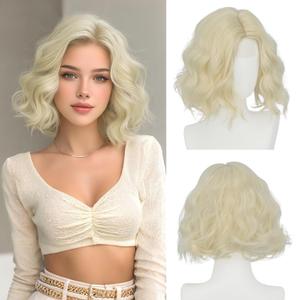 Haloo Blonde Bob Wig for Women Lace Front Hairline Short Soft Wavy Curly Natural Looking Middle Part Synthetic Hair Wigs for Daily Party, 11 Inch Platinum Blonde