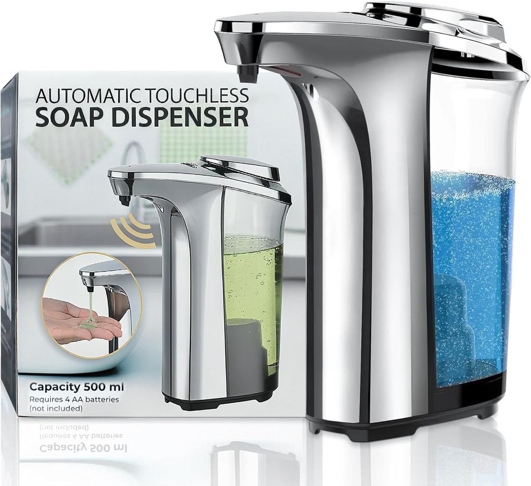 FKWin Automatic Soap Dispenser, Touchless Hand Soap Dispensers 17oz/500ml with 5 Adjustable Soap Levels, Kitchen Soap Dispensers, Liquid Hand Soap Dispenser Bathroom, Silver FKWin Automatic Soap Dispenser, Touchless Hand Soap Dispensers 17oz/500ml with 5 Adjustable Soap Levels, Kitchen Soap Dispensers, Liquid Hand Soap Dispenser Bathroom, Silver