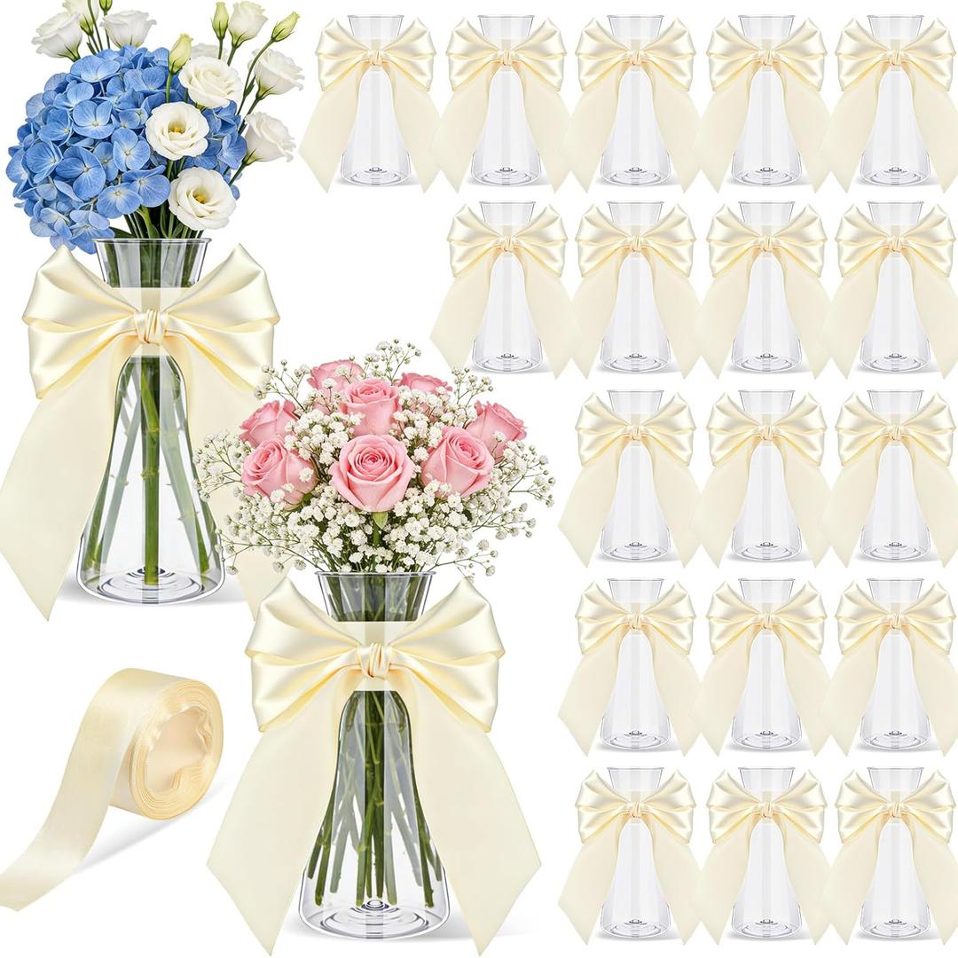 20 Pcs Small Plastic Bud Vases Bulk with Ribbon for Centerpieces, Clear Flower Vases for Wedding Home, Height Shatterproof Vase for Wedding Home Party Table Decoration (White Ribbon)
