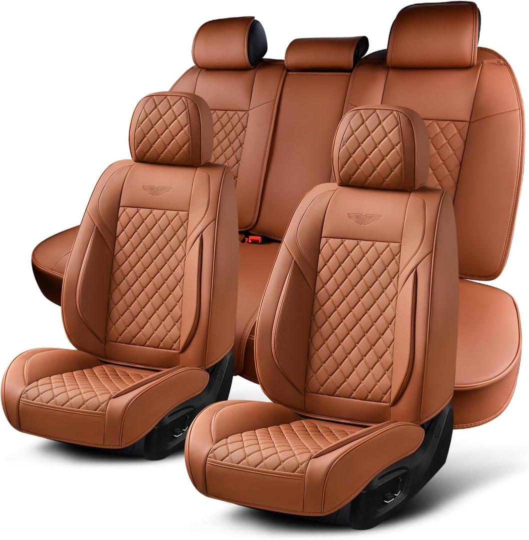 Auto Car Seat Covers Full Set Leather Cushion Protector Breathable Waterproof Seat Cover for Cars Universal Fit (Brown, Full Set Without Headrest)