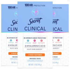 Secret Clinical Strength 100HR Sweat & Odor, Stress Response Invisible Solid Antiperspirant Deodorant for Women, 3X Stress Protection with Hyaluronic Acid, PH Balanced, 1.6 oz (Pack of 3)