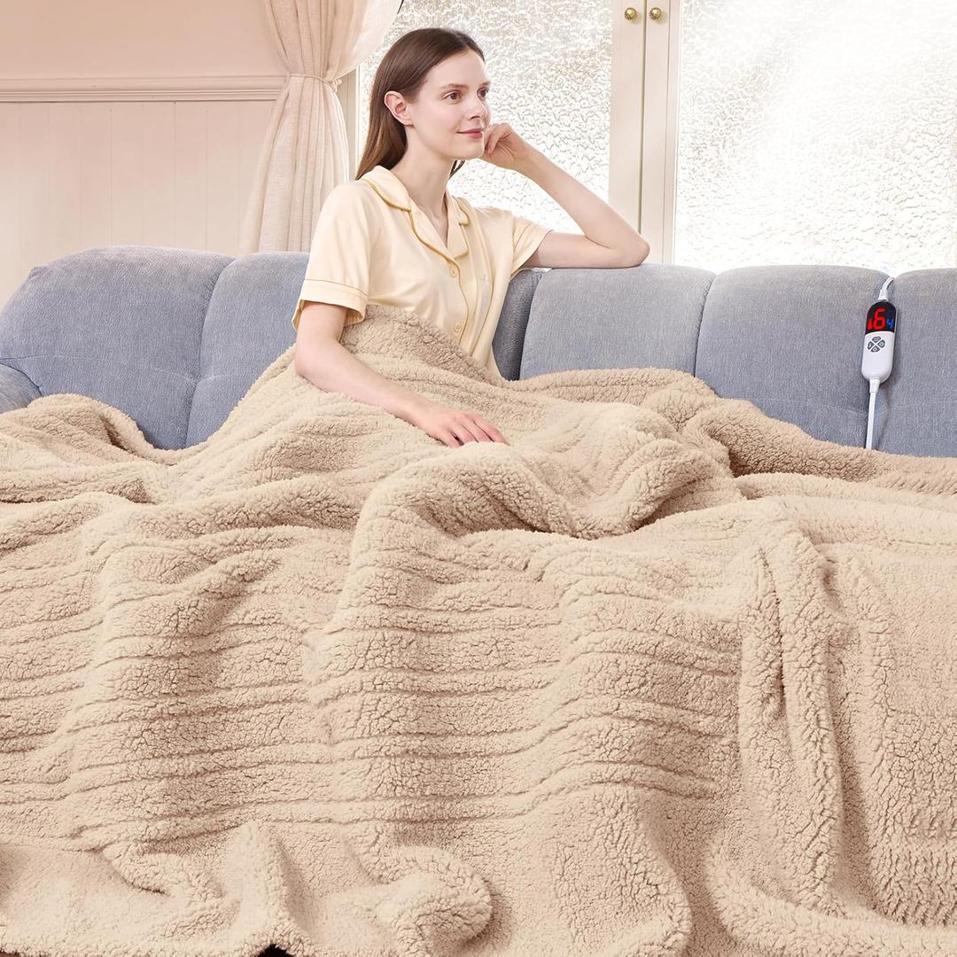 Heated Blanket Full Size 72"X84" Beige - Soft Double Sided Sherpa Electric Blanket Full Size with LED Display, 6 Heating Levels & 10 hrs Timer, Machine Washable & Fast Heating, Gift for Women