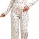 SweatyRocks Women's Floral Pajama Set Ruched Long Sleeve Top and Pants Pjs Set Sleepwear Loungewear (White, XL)