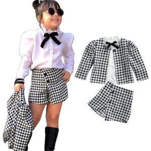 3PCS Toddler Baby Girl Ruffle Collar Button-Down Shirt + Long Sleeve Plaid Cardigan + Houndstooth Shorts Sets (4-5T, Black White)