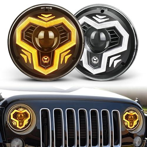 HOYUZA 7 Inch LED Headlights, 1000% Bright Anti-glare Round LED Headlight Replacements with Welcome DRL Amber Turn Signal Compatible with Jeep Wrangler JK TJ LJ CJ Chevy Ford Mazda 2PCS