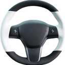 MEWANT Hand Stitched White Leather Tesla Model 3 Steering Wheel Cover for Tesla Model 3 2017-2023 / Model Y 2020-2023 for Tesla Model 3/Y Accessories