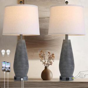 MOUVOVO Farmhouse Table Lamps Set of 2 with USB C+A Ports and AC Outlet, 26.5" Gray Vintage Lamps for Bedroom Nightstand