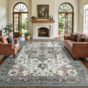 8x10 Area Rugs for Living Room Machine Washable, Large Vintage Non Slip Carpet for Bedroom Dining Room, Boho Floral Distressed Aesthetic Nursery Rug Home Decor, Taupe
