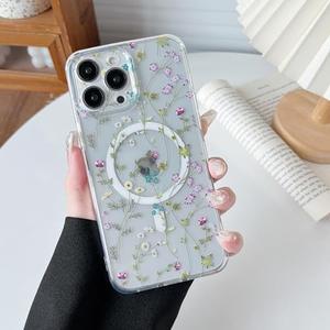 RALEAVO for iPhone 14 Pro Case Compatible with MagSafe Clear Floral Cover with Flower Branch Pattern for Girls Women Slim Cute Hard Back Shockproof Phone Case for iPhone 14 Pro,Transparent