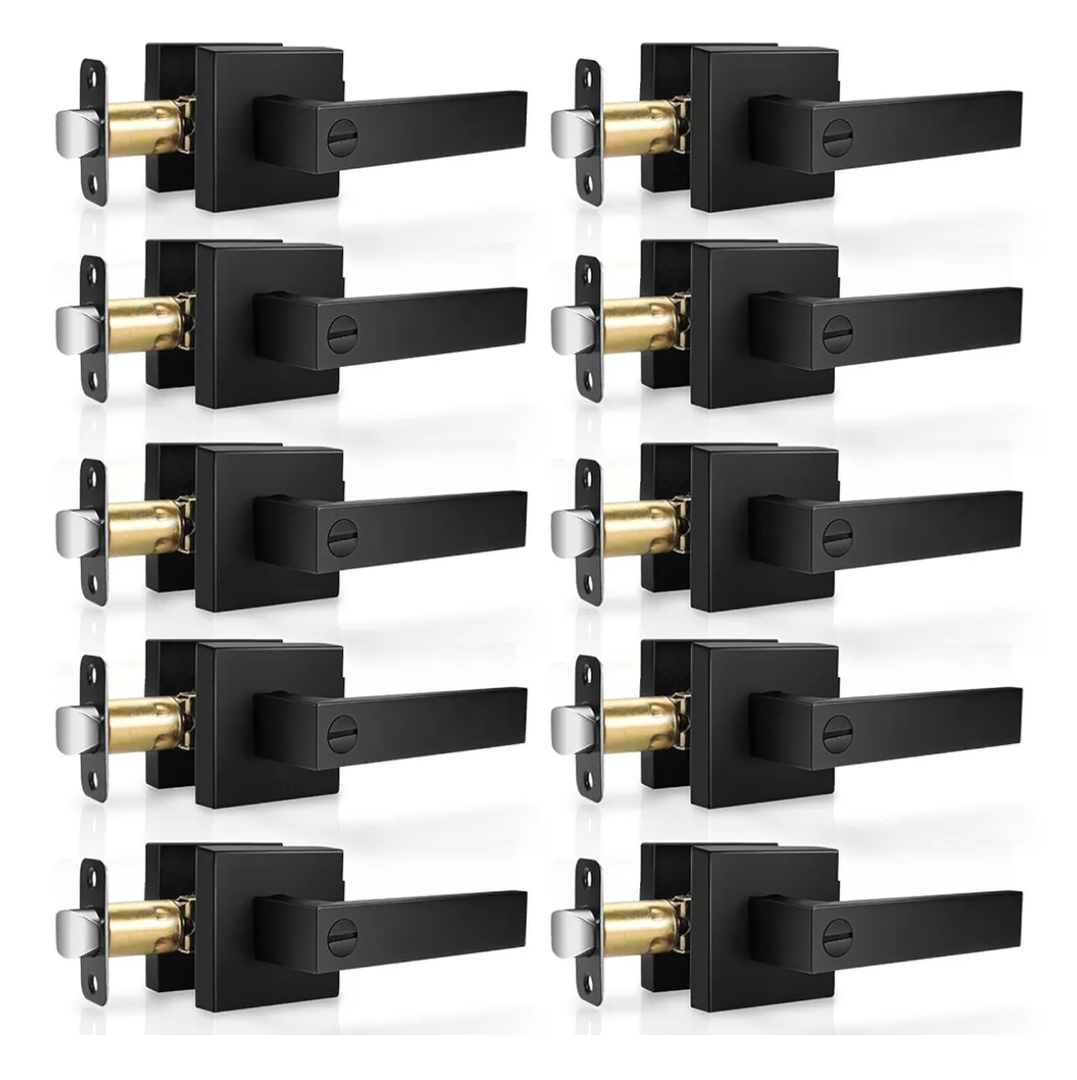 10 Pack Matte Black Door Handles Privacy Door Levers, Heavy Duty Bed and Bath Door Locks Interior Door Knobs, Reversible Keyless Flat Levers with Square Rosette