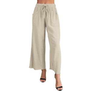 Essrite Womens Causal Wide Leg Pants Drawstring Elastic Waist Frayed Hem Flowy Palazzo Beach Pants Trousers with Pockets