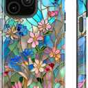 Generic Case for iPhone 14 for iPhone 13,Stained Glass Bloom Flower Phone Case Drop Resistant Glossy 2 in 1 Solid Dual-Layer Cover for Girl Women