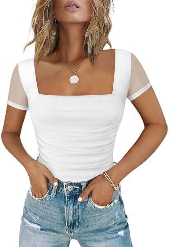Chunpin Women's Mesh Square Neck Bodysuit Short Sleeve Long Sleeve Going Out Tops Thong Bodysuits Outfits, Size Large