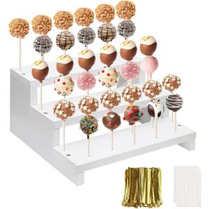 Wood Cake Pop Stand, 3 Tier White 33 Holes Lollipop Display Holder with Twist Ties Lollipop Sticks, Cupcake Dessert Display Stand Riser for Table of Wedding Birthday Party Christmas Day (A)