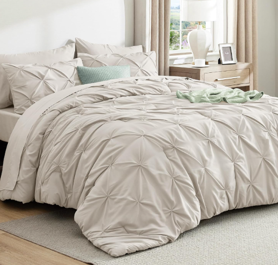 Bedsure King Comforter Set Linen - Bed in a Bag Bedding Set 7 Pieces, GentleSoft™ Pintuck Bed Set Gift for Family, Pinch Pleat All Season Comforter with Sheets, Pillowcases & Shams 