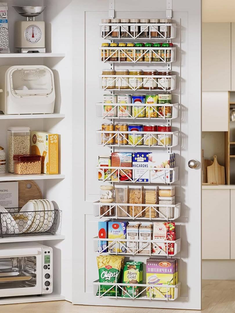 Delamu Adjustable Over the Door Pantry Organizer, 9-Tier Metal Pantry Organization and Storage for Kitchen, Hanging Spice Rack Seasoning Shelves, Cabinet Door Organizer for Easy Install, 16" White