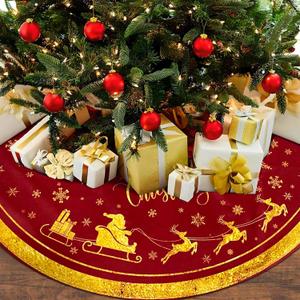 Christmas Tree Skirt 36 Inch, Gold Santa Reindeer Snowflake Merry Xmas Decor, Winter Christmas Tree Mat for Home Party Holiday Indoor Outdoor Decorations
