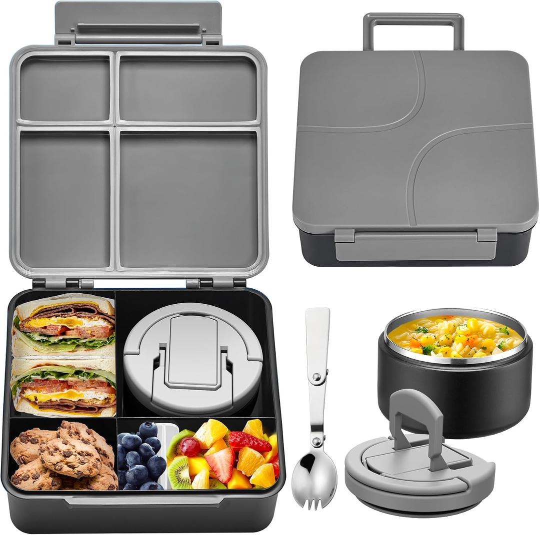 MAXSO Bento Lunch Box Set for Kids with 8 oz Soup Thermo, Leakproof Hot Food Container with 4 Compartments, Insulated Food Jar for Toddler Daycare Boys Girls School - Black