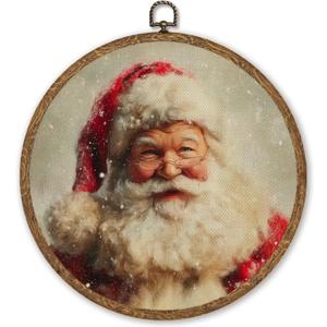 Christmas Santa Claus Round Wall Art for Living Room, 10 Inch Vintage Winter Hanging Decor, Christmas Wall Decor for Bedroom Entryway Door, Holiday Artwork Gift for Family or Friends (Red-Santa Claus02)