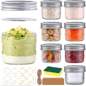 4 oz Glass Mason Jars with 18/8 Stainless Steel Lids, 8-Pack Small Canning Jars with Embossed Pattern, Mini Glass jars for Jams, Jelly, Honey, Spices, Desserts, Wedding Favors and Gift Packaging