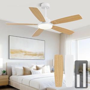 Modern 52 Inch Ceiling Fans with Lights and Remote for Bedroom Living Room Kitchen Home Office Indoor/Outdoor, 3CCT Dimmable, Dual Color 5 Blades 6 Speed Reversible Quiet DC Motor, White/Wood Grain