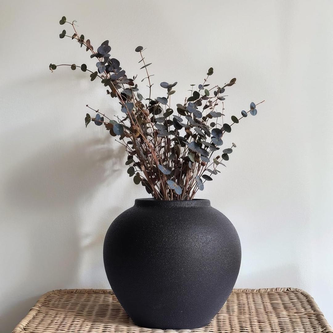 Rustic Ceramic Vase, 8.3" Black Farmhouse Tall Vase, Vintage Vases, Modern Terracotta Decor Vases for Home Decor, Living Room, Entryway, Table Centerpieces, Shelf, Kitchen, Housewarming Gifts
