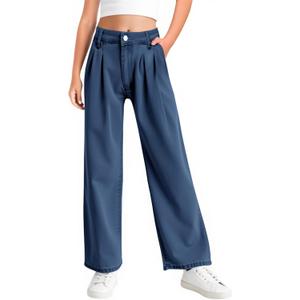 Haloumoning Girls Wide Leg Baggy Jeans Kids Fashion Pleated Elastic High Waist Denim Pants with Pockets 5-14 Years (7-8 Years, Navy Blue)