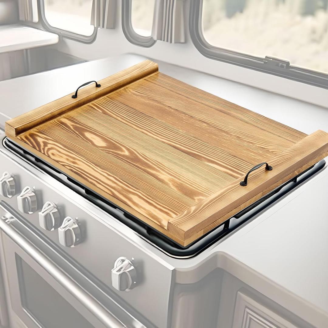 Maxdot Rv Stove Top Cover Board Wood Noodle Board Camper Stove Top Cover Countertop Cutting with 5 Pcs Adjustable Non-Slip Rubber Feet Leg Juice Groove for Trailer Gas Burner Kitchen(Light Brown)