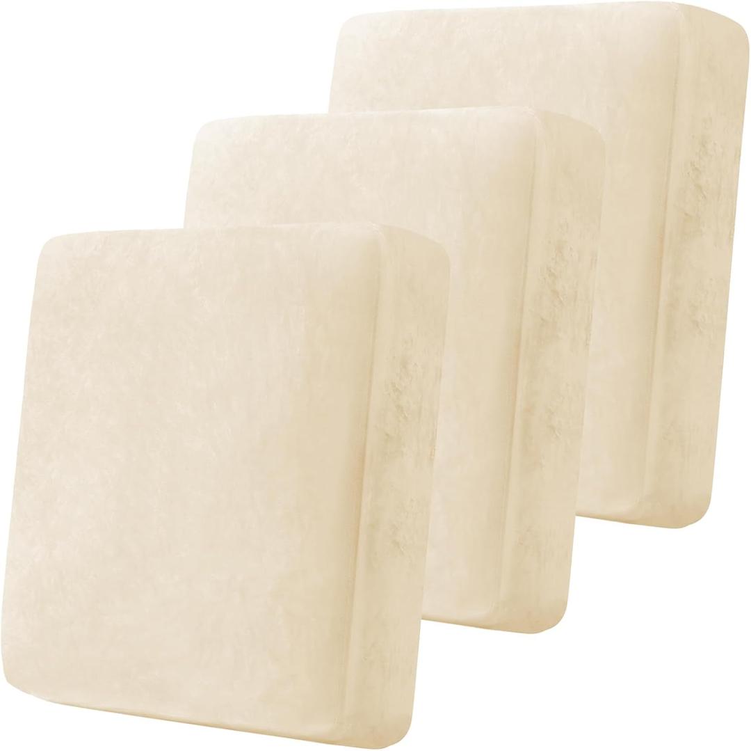 3 Pcs Ivory Velvet Stretch Couch Cushion Cover, Soft Sofa Seat Cushion Covers, Sofa Cushion Slipcover with Elastic Bottom(Non-Slip & Anti-Scratch)