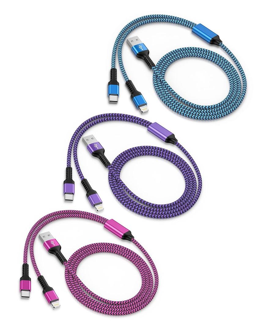 3Pack-4FT Apple & Android USB to Lightning & USB-C 2-in-1 Fast Charger Cable for iPhone 17e 17 17Pro 16e 16 15 14 Pro Max Plus 13 12, Samsung Galaxy A17, Google Pixel 10, Multi USBC Lighting USB Cord