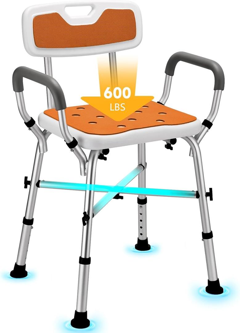 Shower Chair for Inside Shower, FSA/HSA Eligible 600 lbs Heavy Duty Shower Chair for Elderly and Disabled, Height Adjustable Shower Chair with Arms and Back, Bath Chairs for Seniors, Adults, Handicap (Orange)