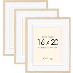 16x20 Picture Frames Matted for 11x14 and 12x16 Picture, Set of 3 Solid Wood Picture Frame with Plexiglass, Wall Gallery Frame Set for Tabletop or Wall Mounting Display (3 Pack of Oak)