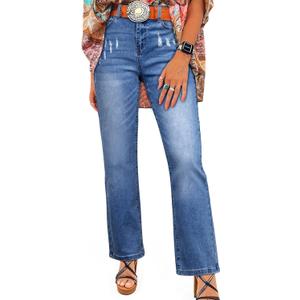 SHEWIN Straight Leg Jeans for Women Trendy High Rise Tapered Flare Jeans Stretchy Wide Leg Ankle Denim Pants with Pockets (8, Beau Blue)